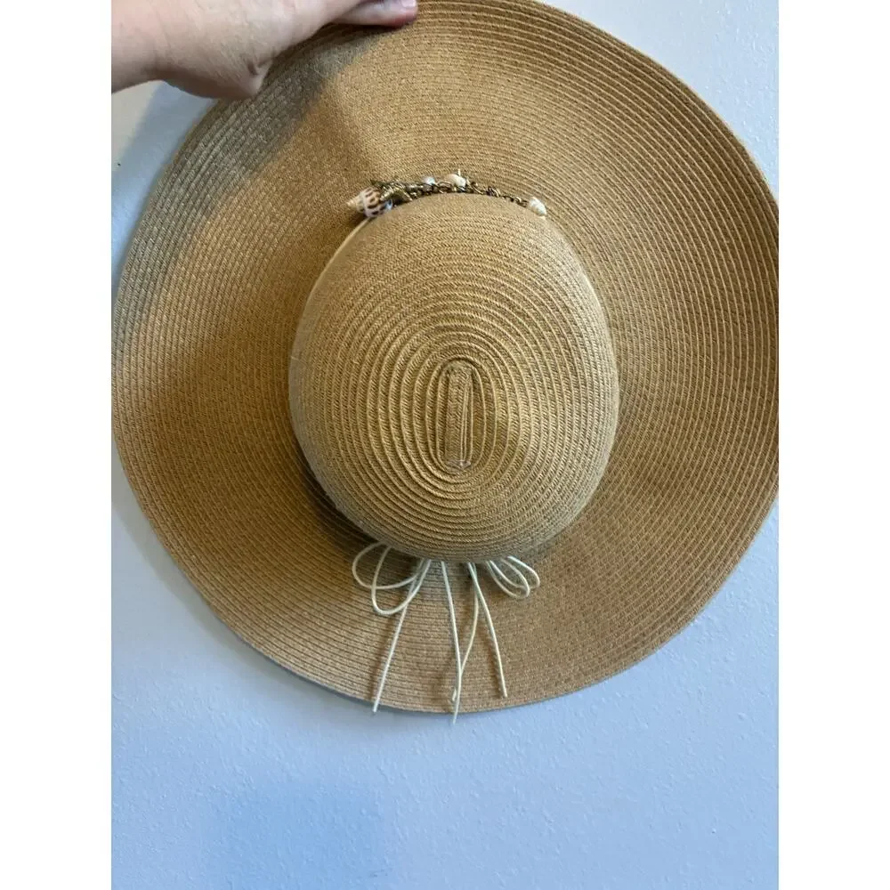 Coastal Grandma Sun 'N Sand Wide Brim Floppy Straw Hat Shell & Pearl Trim UPF 50